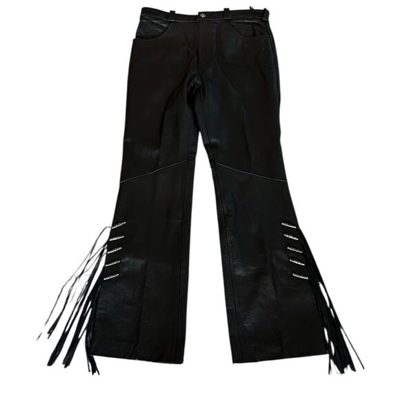 Harley-Davidson Black leather Pants with Fringe Details lined size 8 - Picture 2 of 12